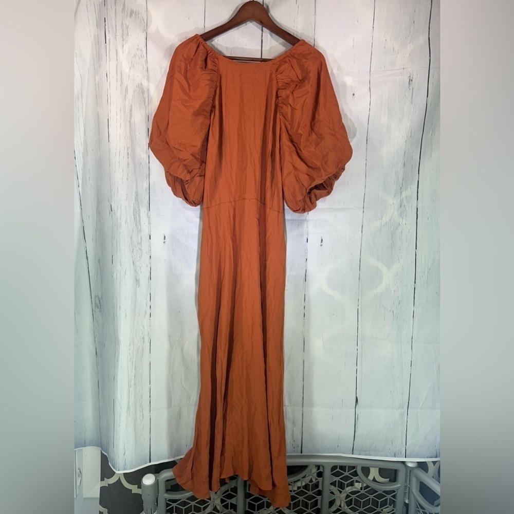 NEW A New Day Puff Sleeve Long Midi Ruched Dress Womens Crew Neck Tie Back Sz L - Picture 3 of 14